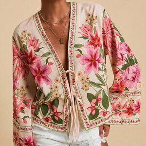 Boho Womens Floral Print Long Sleeve tie detailed Blouse Shirt